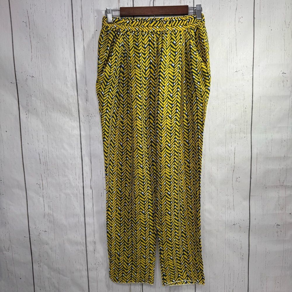 Carolina Herrera Printed Wide Leg Pants Size 2 Yellow Navy Geometric Designer